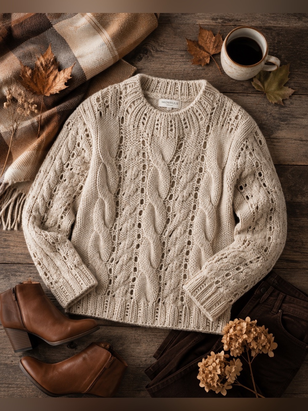 Skovhuus Denmark Oatmeal Cable Knit Sweater Wool Mohair Blend Cottage Nordic S/M